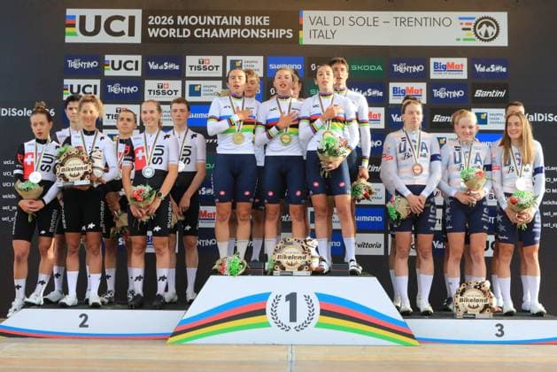 Mountain Bike Cycling World Championships UCI 2026 Pierre Teyssot MAXPPP ; Mountain Bike Cycling World Championships UCI 2026 in Commezzadura on August 26, 2026. Cross Country Mixed Team Relay Race, in action Podium - Juri Zanotti, Paolo Costa, Martina Berta, Giorgia Pellizotti, Valentina Corvi, Fabio Bassignana (Italy) wins to become World Champion with Nicolas Halter, Men Gygax, Jolanda Neff, Anina Hutter, Anja Grossmann, Luca Schatti (Switzerland) receiving the Silver Medal and Nicholas Konecny, Noah Scholnick, Haley Batten, Aida Linton, Bailey Cioppa, Riley Amos (USA) receiving the Bronze Medal Pierre Teyssot Maxppp Commezzadura Val di Sole - Trentino Italy  Copyright: xMAXPPPxPierrexTeyssotx TEY79998 TEY79998