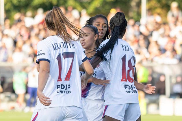 UWCL Qualifikation: Eintracht Frankfurt - Paris Saint-Germain, 26.08.2026 Naomie Feller (Paris Saint-Germain PSG 18) erzielte das Tor den Treffer zum 1:1 Ausgleich und Sakina Karchaoui (Paris Saint-Germain PSG 7) und Anais Ebayilin (Paris Saint-Germain PSG 26), Eintracht Frankfurt - Paris Saint-Germain, Frankfurt, Stadion am Brentanobad, 26.8.2026 Copyright: xBEAUTIFULxSPORTS Gawlikx