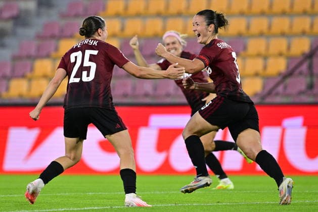 L-R Anna Petryk (Sparta) and Eva Bartonova (Sparta) celebrate a goal during the UEFA Women s Champions League, third qualifying round, opening match: AC Sparta Praha vs Servette FC Geneva, in Prague, Czech Republic, on August 26, 202 (CTKxPhoto VitxSimanek) CTKPhotoP2026082606932  CTKPhotoP2026082606932