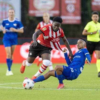 EINDHOVEN , 26-08-2026 , de Herdgang Stadium , Champions League women , knockout phase match 1 of 2 , season 2026 2027 , PSV - HB Koge , picture shows PSV women player Princess Mafro and HB Koge women player Mwanalima Adam Jereko PSV - HB Koge (women)  x206068386x Copyright: