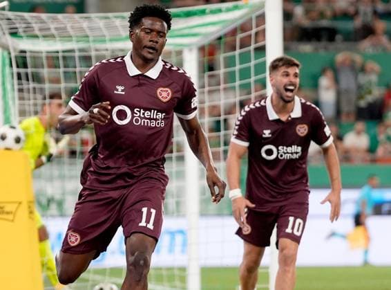 Tomas Bent Magnusson of Heart of Midlothian celebrates scoring their side s first goal of the game during a UEFA Conference League Play-Off Second Leg match between SK Rapid and Hearts at Weststadion on August 26, 2026 in Vienna, Austria. Rapid Vienna v Heart of Midlothian, UEFA Conference League, Play-Off Round, Second Leg, Football, Allianz Stadion, Vienna, Austria - 26 Aug 2026Vienna Allianz Stadion Austria  Copyright: xChristianxHofer Shutterstockx 17115048ec