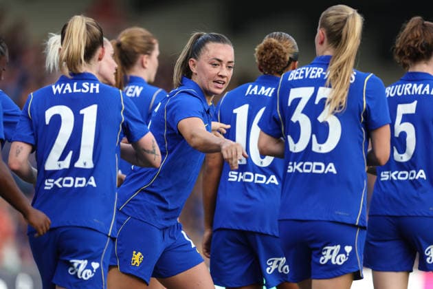 Chelsea v Real Sociedad Women 26 August 2026, London - UEFA Women s Champions League, Third Qualifying Round, First Leg - Chelsea v Real Sociedad Women - Katie McCabe of Chelsea interacts with her teammates after scoring their 1st goal - Photo: Charlotte Wilson Offside. London UK Copyright: xCharlottexWilsonx xOffsidexOffside