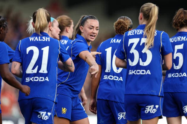 Chelsea v Real Sociedad Women 26 August 2026, London - UEFA Women s Champions League, Third Qualifying Round, First Leg - Chelsea v Real Sociedad Women - Katie McCabe of Chelsea interacts with her teammates after scoring their 1st goal - Photo: Charlotte Wilson Offside. London UK Copyright: xCharlottexWilsonx xOffsidexOffside