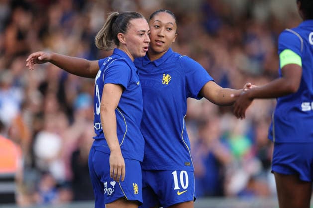 Chelsea v Real Sociedad Women 26 August 2026, London - UEFA Women s Champions League, Third Qualifying Round, First Leg - Chelsea v Real Sociedad Women - Katie McCabe of Chelsea celebrates scoring their 1st goal with Lauren James - Photo: Charlotte Wilson Offside. London UK Copyright: xCharlottexWilsonx xOffsidexOffside
