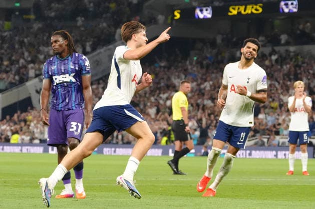 26th August 2026; Tottenham Hotspur Stadium, London, England; Carabao Cup Football, Tottenham Hotspur versus Charlton Athletic; Mikey Moore of Tottenham Hotspur scores the opening goal in the 41st minute to make it 1-0 TomxMajor
