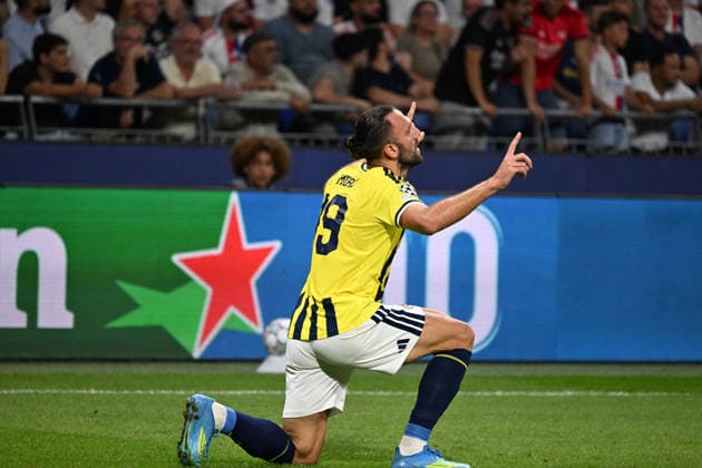 Football : Olympique Lyonnais v Fenerbahce SK - UEFA Champions League, Play-offs - 26 08 2026 VEDAT Muriqi of Fenerbahce SK scoring goal during the UEFA Champions League, Play-offs, second leg football match between Olympique Lyonnais and Fenerbahce SK at Groupama Stadium Decines Charpieu Lyon France on August 26 2026 LYONFrance  Copyright: xMouradxAllilix