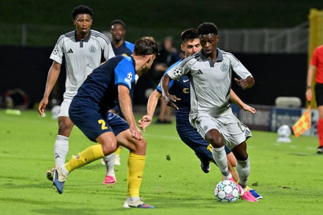 CELJE; SLOVENIA , AUGUST 26: Suleiman Camara of Slovan Bratislava (R) in action against Pijus Sirvys of Celje (L) during the UEFA Champions League Play-offs 2nd leg match between Celje (Slovenia) and Slovan Bratislava (Slovakia) at Stadion Celje, Celje on August 26, 2026 in Celje, Slovenia. (Photo by Igor Kupljenik Sports Press Photo). Copyright: xIgorxKupljenikx xSPPx Sportspressphoto_SPR216399