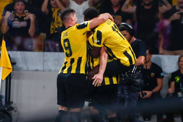 AEK Athens v PFC Levski Sofia UEFA Champions League Barnabás Varga of AEK Athens and his team mates celebrate a goal during the UEFA Champions League Play-Off Second Leg match at AEK Arena, Athens 26 08 2026 UK Newspapers OUT Copyright: xYannisxHalasx FIL-23829-0052