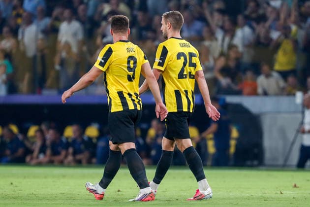 AEK Athens v PFC Levski Sofia UEFA Champions League Barnabás Varga and Luka Jovic of AEK Athens scorers of AEK s three goals during the UEFA Champions League Play-Off Second Leg match at AEK Arena, Athens 26 08 2026 UK Newspapers OUT Copyright: xYannisxHalasx FIL-23829-0054