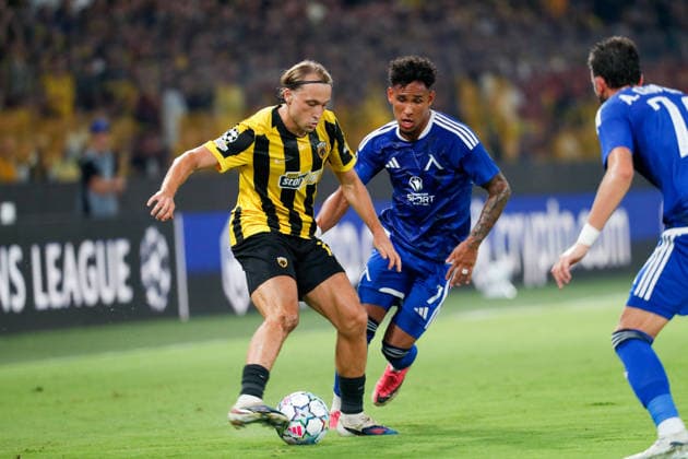 AEK Athens v PFC Levski Sofia UEFA Champions League Lovro Majer of AEK Athens and Reinaldo of PFC Levski Sofia during the UEFA Champions League Play-Off Second Leg match at AEK Arena, Athens 26 08 2026 UK Newspapers OUT Copyright: xYannisxHalasx FIL-23829-0055