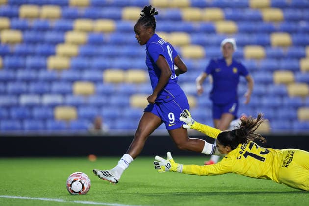 Chelsea v Real Sociedad Women 26 August 2026, London - UEFA Women s Champions League, Third Qualifying Round, First Leg - Chelsea v Real Sociedad Women - Melvine Malard of Chelsea takes the ball round Real Sociedad goalkeeper Julia Arrula to score their 3rd goal - Photo: Charlotte Wilson Offside. London UK Copyright: xCharlottexWilsonx xOffsidexOffside
