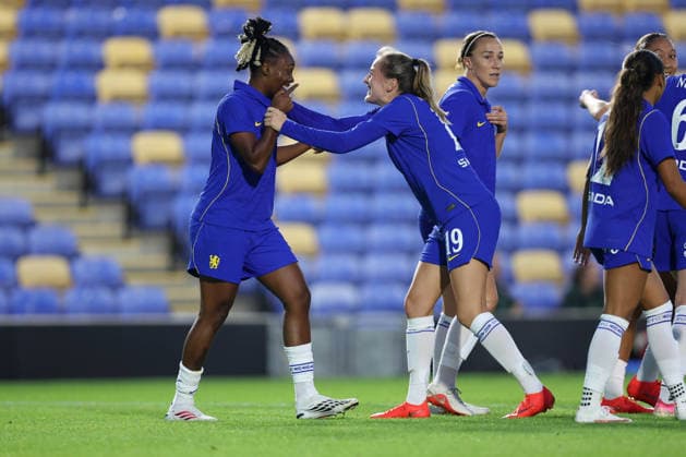 Chelsea v Real Sociedad Women 26 August 2026, London - UEFA Women s Champions League, Third Qualifying Round, First Leg - Chelsea v Real Sociedad Women - Melvine Malard of Chelsea celebrates scoring their 4th goal with her teammates - Photo: Charlotte Wilson Offside. London UK Copyright: xCharlottexWilsonx xOffsidexOffside