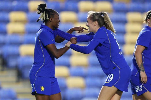 Chelsea v Real Sociedad Women 26 August 2026, London - UEFA Women s Champions League, Third Qualifying Round, First Leg - Chelsea v Real Sociedad Women - Melvine Malard of Chelsea celebrates scoring their 4th goal with her teammates - Photo: Charlotte Wilson Offside. London UK Copyright: xCharlottexWilsonx xOffsidexOffside