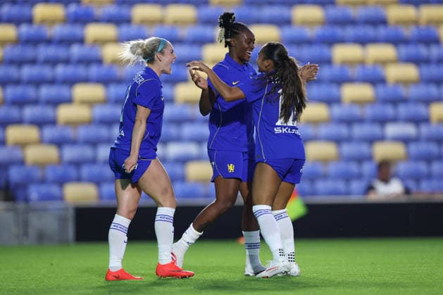 Chelsea v Real Sociedad Women 26 August 2026, London - UEFA Women s Champions League, Third Qualifying Round, First Leg - Chelsea v Real Sociedad Women - Melvine Malard of Chelsea celebrates scoring their 4th goal with Ellie Carpenter and Alyssa Thompson of Chelsea - Photo: Charlotte Wilson Offside. London UK Copyright: xCharlottexWilsonx xOffsidexOffside