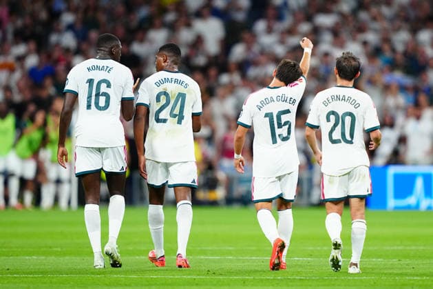 Real Madrid v Real Sociedad - LaLiga EA Sports 2026 27 MD1 Ibrahima Konate, Denzel Dumfries, Arda Güler and Bernardo Silva of Real Madrid CF are seen during the LaLiga EA Sports 2026 27 match between Real Madrid CF and Real Sociedad at Santiago Bernabeu on August 26, 2026 in Madrid, Spain. Madrid Santiago Bernabeu Madrid Spain Copyright: xGokhanxTanerx xPSxImagesxGokhanxTanerx