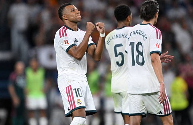 Real Madrid v Real Sociedad - La Liga MADRID, SPAIN - AUGUST 26 : Real Madrid footballer Kylian Mbappe celebrates after scoring a goal during the La Liga first-week match between Real Madrid and Real Sociedad at Santiago Bernabeu Stadium in Madrid, Spain on August 26, 2026. Burak Akbulut Anadolu Madrid Spain. Editorial use only. Please get in touch for any other usage.  Copyright: x2026xAnadoluxBurakxAkbulutx