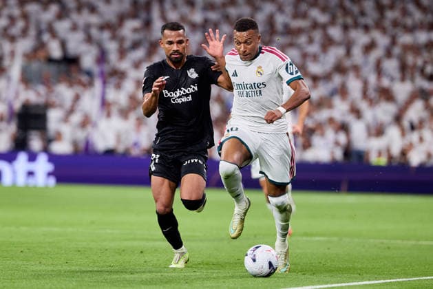 August 26, 2026, Madrid, Madrid, Spain: Kylian Mbappe of Real Madrid CF and Yangel Herrera of Real Sociedad during La Liga football match between Real Madrid CF and Real Sociedad at Santiago Bernabeu Stadium in Madrid, Spain, August 26, 2026 Soccer 2026: Real Madrid CF Vs Real Sociedad  - ZUMAa206 20260826_zsp_a206_073 Copyright: xRubenxAlbarranx
