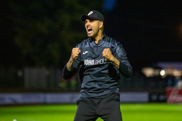 Jubel bei GFC Trainer Alain Karim nach dem Abpfiff GER, Fussball, Herren, Regionalliga Nordost, Saison 2026-2027, Greifswalder FC - SV Babelsberg 03, Endstand 2:1