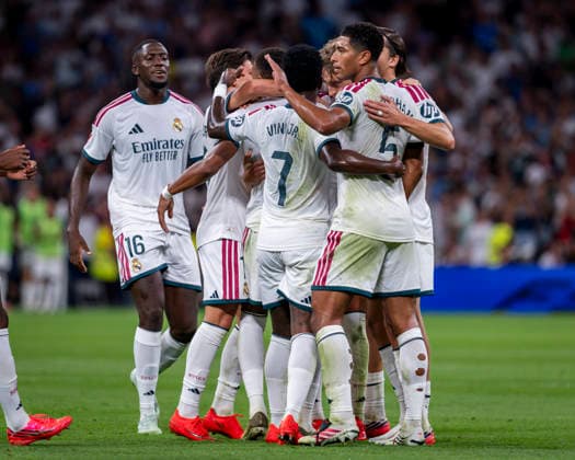 Real Madrid CF v Real Sociedad Players of Real Madrid CF (from L to R) Ibrahima Konate, Vinicius Junior, Jude Bellingham celebrates a goal during the LaLiga EA Sports football match between Real Madrid CF and Real Sociedad at Estadio Bernabeu on August 26, 2026 in Madrid, Spain. Madrid Estadio Bernabeu Madrid Spain Copyright: xAlbertoxGardinx AGardin_20260826_Foot_Liga_Rea_Mad_Rea_Soc_0133
