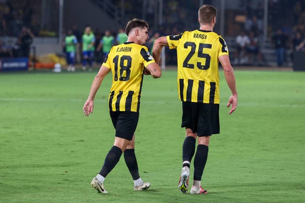 AEK Athens v PFC Levski Sofia UEFA Champions League Razvan Marin and Barnabás Varga of AEK Athens celebrate during the UEFA Champions League Play-Off Second Leg match at AEK Arena, Athens 26 08 2026 UK Newspapers OUT Copyright: xYannisxHalasx FIL-23829-0068