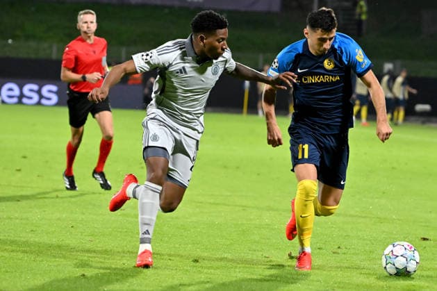 CELJE; SLOVENIA , AUGUST 26: Milot Avdyli of Celje (R) in action against Cesar Blackman of Slovan Bratislava (L) during the UEFA Champions League Play-offs 2nd leg match between Celje (Slovenia) and Slovan Bratislava (Slovakia) at Stadion Celje, Celje on August 26, 2026 in Celje, Slovenia. (Photo by Igor Kupljenik Sports Press Photo). Copyright: xIgorxKupljenikx xSPPx Sportspressphoto_SPR216450