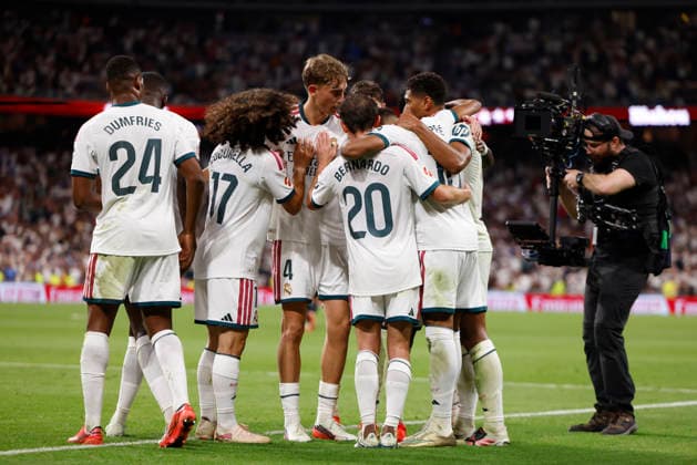 RECORD DATE NOT STATED Kylian Mbappe (Real Madrid CF) celebrates after scoring his team˜s second goal with team mates during the LaLiga EA Sports match between Real Madrid CF and Real Sociedad de Futbol at Estadio Santiago BernabÃ u on August 26, 2026 in Madrid, Spain. (Photo by Manu Reino DeFodi Images) -