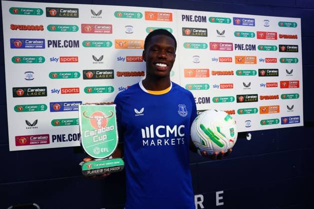 Thierno Barry of Everton with this Carabao Cup Player of the Match Trophy and match ball Preston North End v Everton, EFL Carabao Cup, Second Round, Football, Deepdale, Preston, UK - 26 Aug 2026Preston Deepdale United Kingdom EDITORIAL USE ONLY No use with unauthorised audio, video, data, fixture lists, club league logos or live services. Online in-match use limited to 120 images, no video emulation. No use in betting, games or single club league player publications. Copyright: xPaulxCurrie Shutterstockx 17115055bu