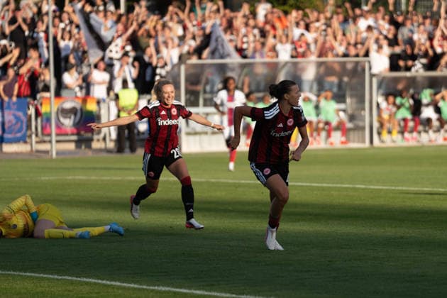 26.08.2026, xhfmx, Fussball UEFA Woman CLQ Runde 3, Eintracht Frankfurt Frauen - Paris Saint Germain Frauen Larissa Mühlhaus (Eintracht Frankfurt, 47) bejubelt das 1:0 gegen Paris. Tor, Goal, Jubel, Celebration Frankfurt