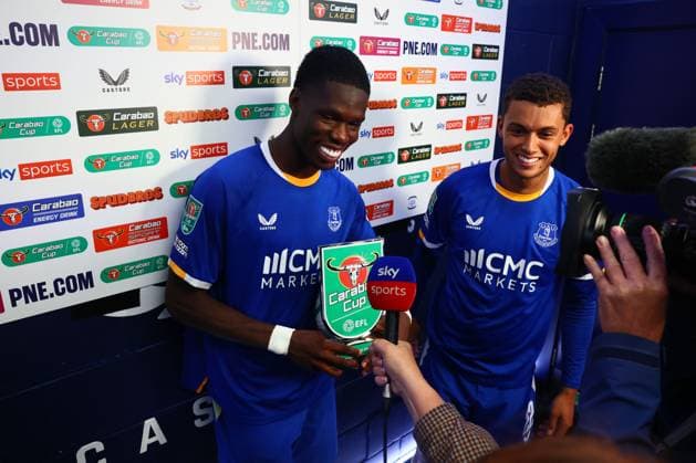 Thierno Barry of Everton and Brennan Johnson are interviewed by Sky Sports at the end of the match Preston North End v Everton, EFL Carabao Cup, Second Round, Football, Deepdale, Preston, UK - 26 Aug 2026Preston Deepdale United Kingdom EDITORIAL USE ONLY No use with unauthorised audio, video, data, fixture lists, club league logos or live services. Online in-match use limited to 120 images, no video emulation. No use in betting, games or single club league player publications. Copyright: xPaulxCurrie Shutterstockx 17115055cb