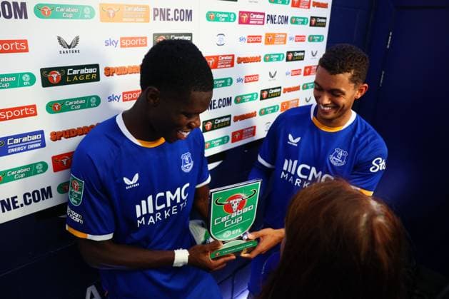 Thierno Barry of Everton and Brennan Johnson are interviewed by Sky Sports at the end of the match Preston North End v Everton, EFL Carabao Cup, Second Round, Football, Deepdale, Preston, UK - 26 Aug 2026Preston Deepdale United Kingdom EDITORIAL USE ONLY No use with unauthorised audio, video, data, fixture lists, club league logos or live services. Online in-match use limited to 120 images, no video emulation. No use in betting, games or single club league player publications. Copyright: xPaulxCurrie Shutterstockx 17115055bz