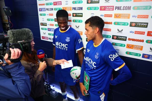 Thierno Barry of Everton and Brennan Johnson are interviewed by Sky Sports at the end of the match Preston North End v Everton, EFL Carabao Cup, Second Round, Football, Deepdale, Preston, UK - 26 Aug 2026Preston Deepdale United Kingdom EDITORIAL USE ONLY No use with unauthorised audio, video, data, fixture lists, club league logos or live services. Online in-match use limited to 120 images, no video emulation. No use in betting, games or single club league player publications. Copyright: xPaulxCurrie Shutterstockx 17115055by