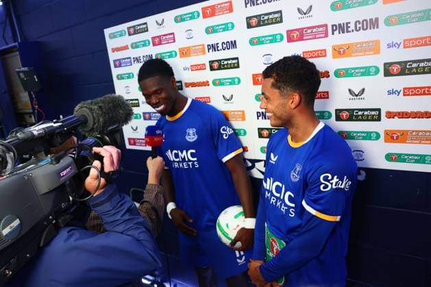 Thierno Barry of Everton and Brennan Johnson are interviewed by Sky Sports at the end of the match Preston North End v Everton, EFL Carabao Cup, Second Round, Football, Deepdale, Preston, UK - 26 Aug 2026Preston Deepdale United Kingdom EDITORIAL USE ONLY No use with unauthorised audio, video, data, fixture lists, club league logos or live services. Online in-match use limited to 120 images, no video emulation. No use in betting, games or single club league player publications. Copyright: xPaulxCurrie Shutterstockx 17115055bx