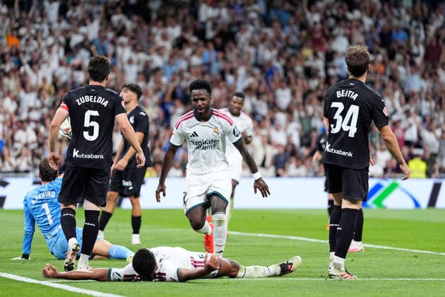 August 26, 2026, Madrid, Madrid, Spain: Vinicius Junior of Real Madrid CF celebrates after scoring his team s third goal during the Spanish League, LaLiga EA Sports, football match played between Real Madrid and Real Sociedad at Bernabeu stadium on August 26, 2026, in Madrid, Spain. Real Madrid V Real Sociedad - LaLiga EA Sports  - ZUMAa181 20260826_zaa_a181_213 Copyright: xOscarxJ.xBarrosox