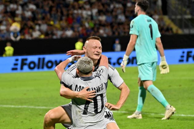 CELJE; SLOVENIA , AUGUST 26: Cristian Martinez of Slovan Bratislava (L) scorer and Nino Marcelli of Slovan Bratislava (C) asistent celebrate score inertia time during the UEFA Champions League Play-offs 2nd leg match between Celje (Slovenia) and Slovan Bratislava (Slovakia) at Stadion Celje, Celje on August 26, 2026 in Celje, Slovenia. (Photo by Igor Kupljenik Sports Press Photo). Copyright: xIgorxKupljenikx xSPPx Sportspressphoto_SPR216506