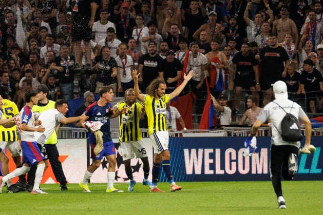 Players of Fenerbahce seen celebrating during UEFA Champions League play off qualifying game between teams of Olympique Lyon and Fenerbahce SK (Quentin Montiel-Font Ball Raw Images) DÃ cines-Charpieu Groupama Stadium France Copyright: xQuentinxMontiel-Fontx quentinmontielfont_lyon_fenerbahce_2627-19