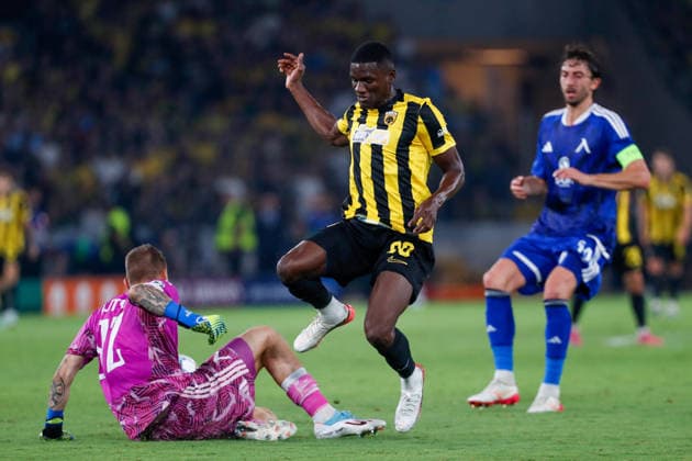AEK Athens v PFC Levski Sofia UEFA Champions League Zini of AEK Athens and Svetoslav Vutsov of PFC Levski Sofia during the UEFA Champions League Play-Off Second Leg match at AEK Arena, Athens 26 08 2026 UK Newspapers OUT Copyright: xYannisxHalasx FIL-23829-0077