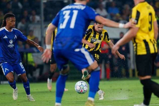 AEK Athens v PFC Levski Sofia UEFA Champions League Razvan Marin of AEK Athens takes a shot in goal during the UEFA Champions League Play-Off Second Leg match at AEK Arena, Athens 26 08 2026 UK Newspapers OUT Copyright: xYannisxHalasx FIL-23829-0105