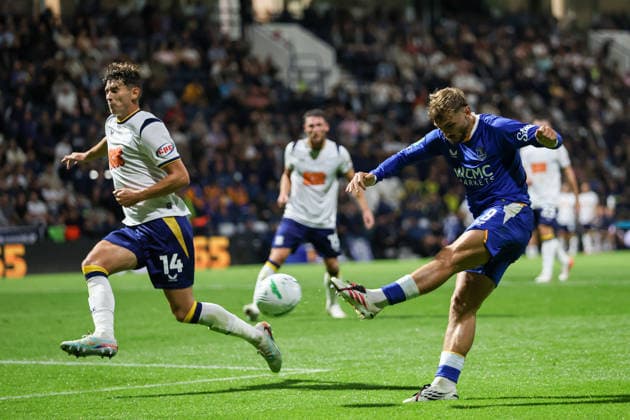 26th August 2026; Deepdale, Preston, England; Carabao Cup Football, Preston North End versus Everton; Kiernan Dewsbury-Hall of Everton shoots on goal AidanxHunter