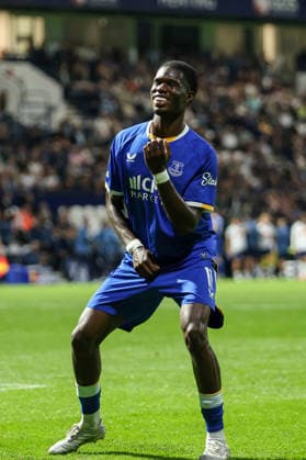 26th August 2026; Deepdale, Preston, England; Carabao Cup Football, Preston North End versus Everton; Thierno Barry of Everton celebrates after scoring in the 59th minute to make the score 0-2 AidanxHunter
