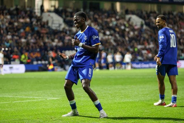 26th August 2026; Deepdale, Preston, England; Carabao Cup Football, Preston North End versus Everton; Thierno Barry of Everton celebrates after scoring in the 59th minute to make the score 0-2 AidanxHunter