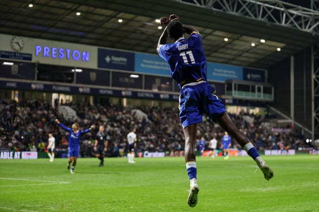 26th August 2026; Deepdale, Preston, England; Carabao Cup Football, Preston North End versus Everton; Thierno Barry of Everton celebrates after scoring in the 70th minute to make the score 0-3 AidanxHunter