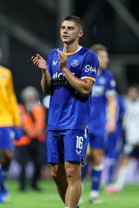 26th August 2026; Deepdale, Preston, England; Carabao Cup Football, Preston North End versus Everton; Vitaliy Mykolenko of Everton applauds the fans at the end of the game AidanxHunter