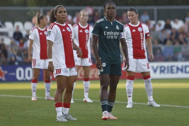 AMSTERDAM , 26-08-2026, Sportcomplex De Toekomst , Champions League Women , football , Third qualifying round 1st leg season 2026 2027 , match between Ajax and Real Madrid (women) , picture shows Ajax player Ella Touon , Real Madrid player Linda Caicedo Ajax - Real Madrid (women)  x206075734x Copyright: