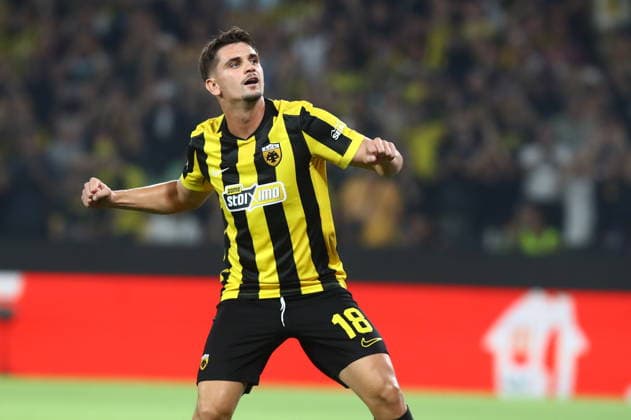UEFA Champions League - AEK Athens FC vs PFC Levski Sofia - Razvan Marin of AEK Athens FC celebrates during the UEFA Champions League Play-Offs 2nd leg soccer match between AEK Athens FC and PFC Levski Sofia in AEK Arena, Athens, Greece, on 27 August 2026. IMAGO ONE INCH PRODUCTIONS ATHENS GREECE Copyright: xONExINCHxPRODUCTIONSx 7065614