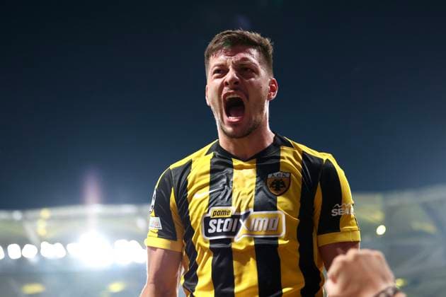 UEFA Champions League - AEK Athens FC vs PFC Levski Sofia - Luka Jovicof AEK Athens FC celebrates the 4-0 during the UEFA Champions League Play-Offs 2nd leg soccer match between AEK Athens FC and PFC Levski Sofia in AEK Arena, Athens, Greece, on 27 August 2026. IMAGO ONE INCH PRODUCTIONS ATHENS GREECE Copyright: xONExINCHxPRODUCTIONSx 7065680