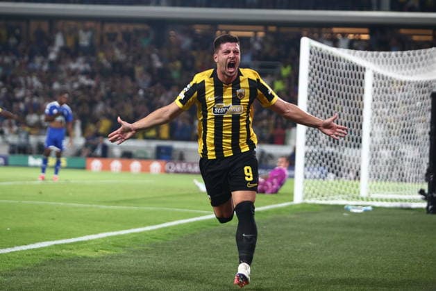 UEFA Champions League - AEK Athens FC vs PFC Levski Sofia - Luka Jovicof AEK Athens FC celebrates the 4-0 during the UEFA Champions League Play-Offs 2nd leg soccer match between AEK Athens FC and PFC Levski Sofia in AEK Arena, Athens, Greece, on 27 August 2026. IMAGO ONE INCH PRODUCTIONS ATHENS GREECE Copyright: xONExINCHxPRODUCTIONSx 7065514