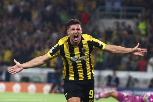 UEFA Champions League - AEK Athens FC vs PFC Levski Sofia - Luka Jovicof AEK Athens FC celebrates the 4-0 during the UEFA Champions League Play-Offs 2nd leg soccer match between AEK Athens FC and PFC Levski Sofia in AEK Arena, Athens, Greece, on 27 August 2026. IMAGO ONE INCH PRODUCTIONS ATHENS GREECE Copyright: xONExINCHxPRODUCTIONSx 7065519