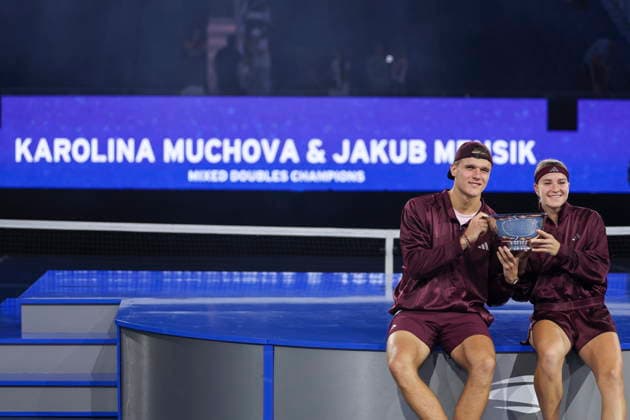 2026 US Open Mixed Doubles Championship Jakub Mensik (L) and Karolina Muchova (R) of Czechia pose with their trophy after winning the final round of the Mixed Doubles Championship against Belinda Bencic of Switzerland and Flavio Cobolli of Italy at the Arthur Ashe Stadium in the USTA Billie Jean King National Tennis Center in Flushing Meadows, New York, USA, 26 August 2026. FLUSHING MEADOWS NEW YORK UNITED STATES  Copyright: xSARAHxYENESELx
