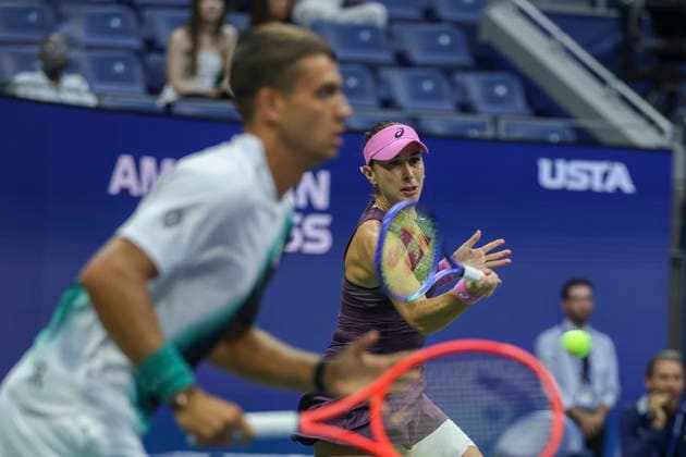 2026 US Open Mixed Doubles Championship semifinals epaselect Belinda Bencic (rear) of Switzerland in action while playing with Flavio Cobolli (front) of Italy during the semifinal round of the Mixed Doubles Championship against Elina Svitolina of Ukraine and Gael Monfils of France at the Arthur Ashe Stadium in the USTA Billie Jean King National Tennis Center in Flushing Meadows, New York, USA, 26 August 2026. FLUSHING MEADOWS NEW YORK UNITED STATES  Copyright: xSARAHxYENESELx
