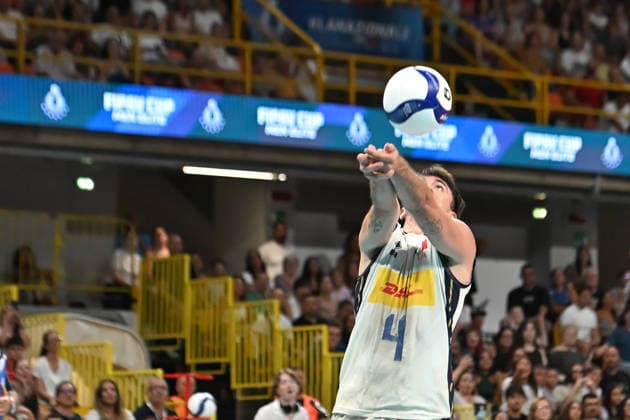 Italy v Germany - International Friendly, Länderspiel, Nationalmannschaft Match Gabriele Laurenzano of Italy spikes the ball during the international friendly match between Italy and Germany at PalaCalafiore in Reggio Calabria, Italy, on August 26, 2026. Reggio Calabria Italy  Copyright: xAndreaxRositox originalFilename:rosito-notitle260826_npDNl.jpg